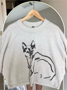 Anthropologie Goldie 100% Cashmere Cat Graphic Crewneck Short Sleeve Sweater